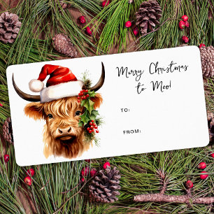 Highland Koe Feestelijk Boerderij Vrolijk Kerstcad Etiket