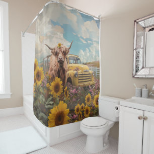 Highland Koe Field Zonnebloemen  Yellow Truck Douchegordijn