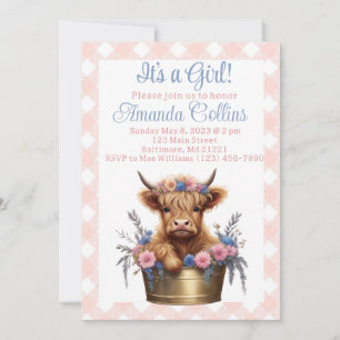 Highland koe floraal baby shower kaart
