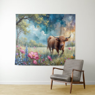 Highland Koe Floral Kleurrijke boom en lucht Wandkleed