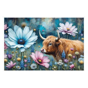 Highland Koe Floral Kleurrijke Kosmos Tapestry II Foto Afdruk