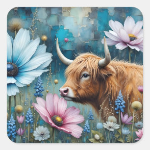 Highland Koe Floral Kleurrijke Kosmos Tapestry II Vierkante Sticker
