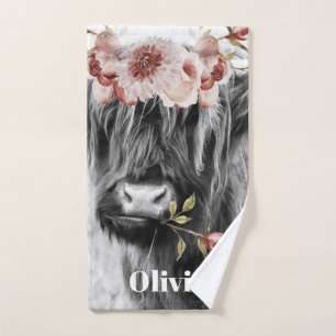 Highland Koe Floral   Westerne Cowgirl Kinder naam Bad Handdoek