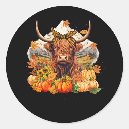 Highland Koe Herfst en laat pompoenen herfst dank Ronde Sticker (Voorkant)