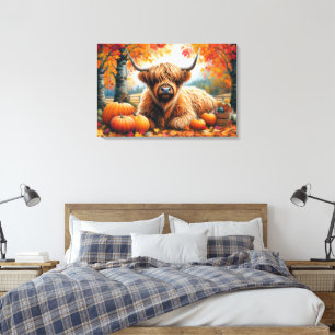 Highland Koe Herfst Pumpkins Waterverf Canvas Afdruk