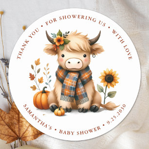 Highland Koe Herfst Schattige Kalf Baby shower Ronde Sticker