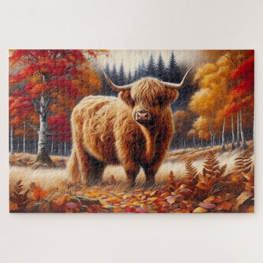 Highland Koe herfst Waterverf Legpuzzel (Horizontaal)