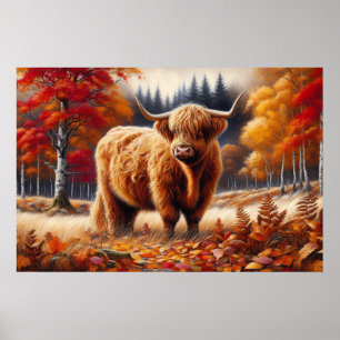Highland Koe herfst Waterverf Poster