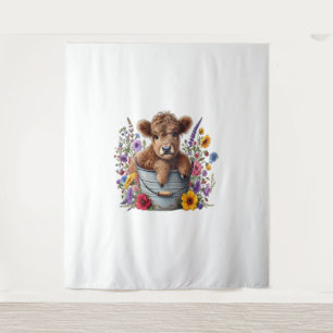 Highland Koe in Bloemenemmer, Schattige Wandkleed