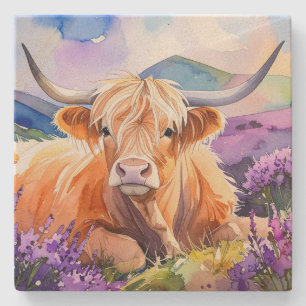 Highland Koe in de Paarse Heather Waterverf Stenen Onderzetter