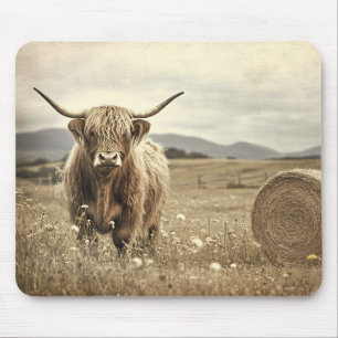Highland Koe in een Hay Field Vintage Muismat