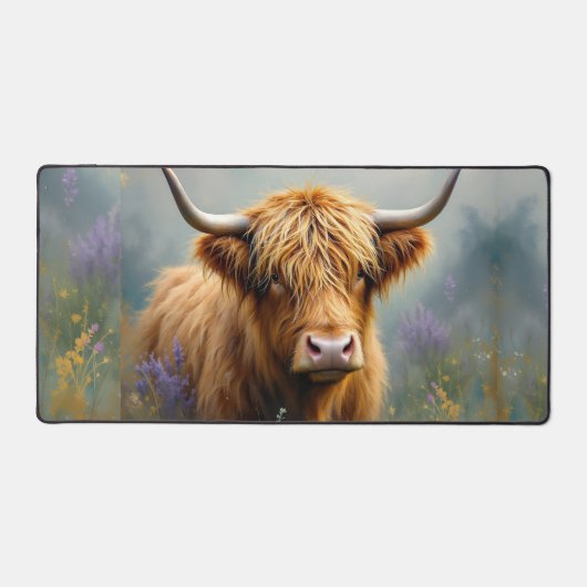 Highland Koe in Floral Meadow Close-up Bureaumat (Voorkant)