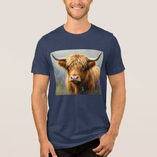 Highland Koe in Floral Meadow Close-up Tri-Blend Shirt