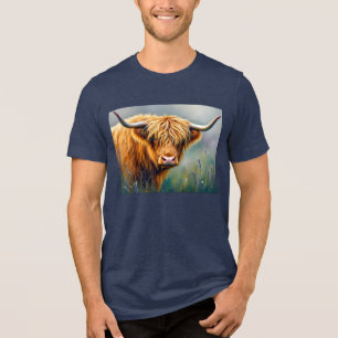 Highland Koe in Floral Meadow Close-up Tri-Blend Shirt