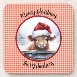Highland Koe in Kerstman Mut Gingham Koeleluier Ke Bier Onderzetter