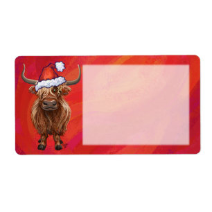 Highland Koe in Santa Hat op rood Etiket