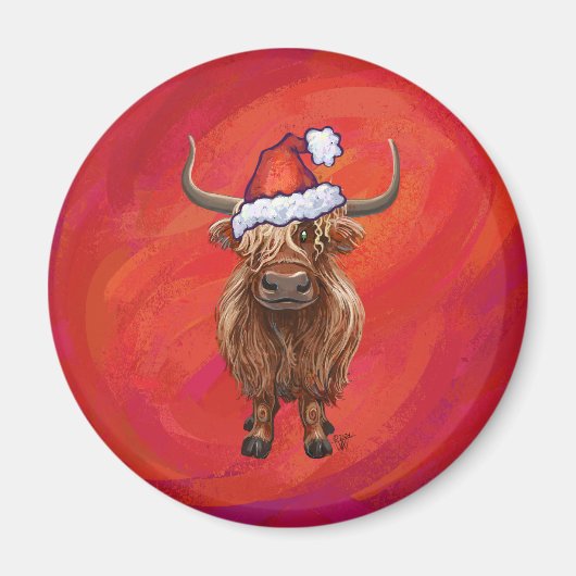 Highland koe in Santa Hat op rood Magneet (Voorkant)