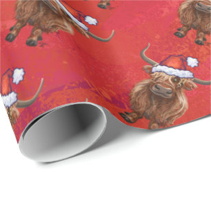 Highland koe in Santa Hat Patroon op Rood Cadeaupapier