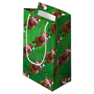 Highland Koe in Santa Hat Pattern op groen Klein Cadeauzakje