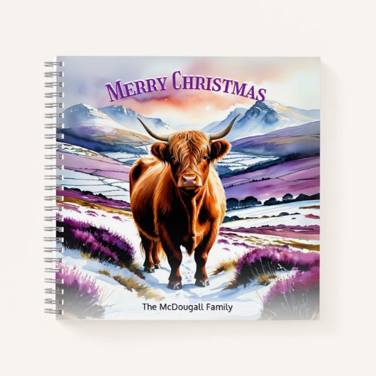 Highland Koe in Snow Waterverf Custom Christmas Notitieboek (Voorkant)