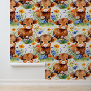 Highland Koe in wilde bloemen Behang