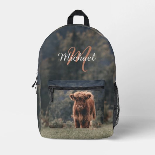 Highland koe kalf herfstgras monogram initiaal bedrukte rugzak (Voorkant)