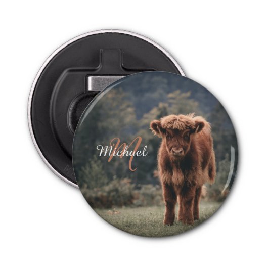 Highland koe kalf herfstgras monogram initiaal button flesopener (Voorkant)