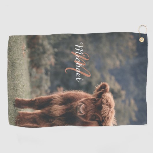 Highland koe kalf herfstgras monogram initiaal golfhanddoek (Horizontaal)