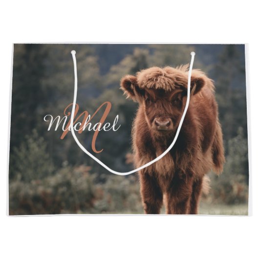Highland koe kalf herfstgras monogram initiaal groot cadeauzakje (Voorkant)