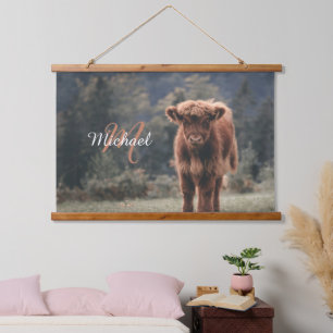 Highland koe kalf herfstgras monogram initiaal hangend wandkleed
