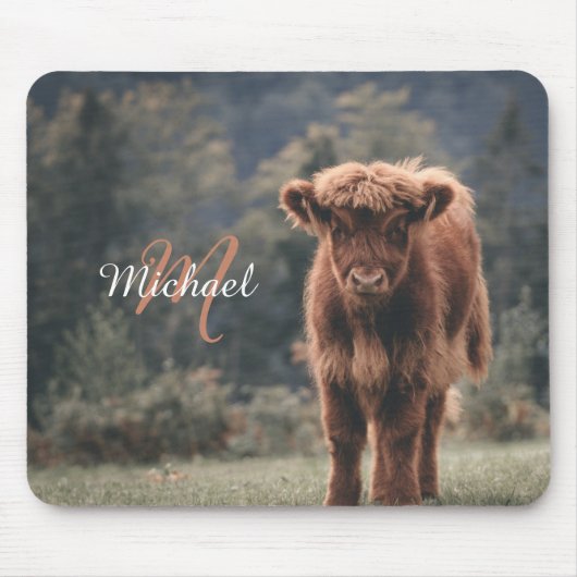 Highland koe kalf herfstgras monogram initiaal muismat (Voorkant)
