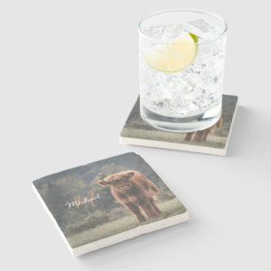 Highland koe kalf herfstgras monogram initiaal stenen onderzetter