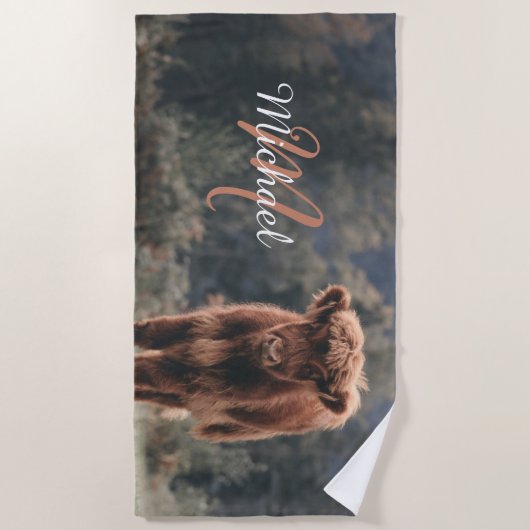 Highland koe kalf herfstgras monogram initiaal strandlaken (Voorkant)