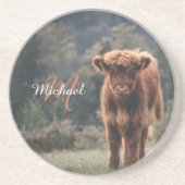 Highland koe kalf herfstgras monogram initiaal zandsteen onderzetter (Voorkant)