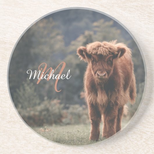 Highland koe kalf herfstgras monogram initiaal zandsteen onderzetter (Voorkant)