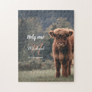 Highland koe kalf monogram eerste verjaardagsfeest legpuzzel