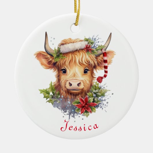 Highland Koe Kerstmis Santa Hat gepersonaliseerd Keramisch Ornament (Voorkant)