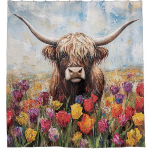 Highland Koe Kleurrijke Tulpen Schilderen Douchegordijn