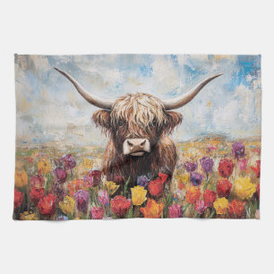 Highland Koe Kleurrijke Tulpen Schilderen Theedoek