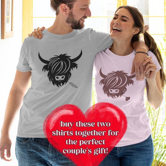 Highland Koe Koppels Matching Roze Valentijnsdag T-shirt