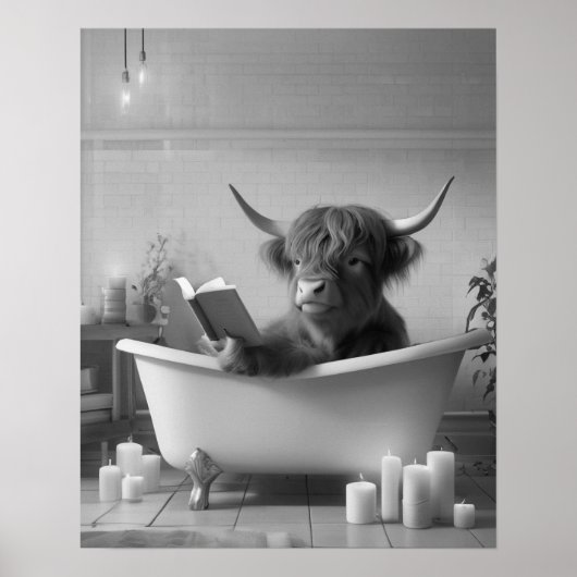 Highland Koe Leesbad Zwart-wit Badkamer Poster (Voorkant)