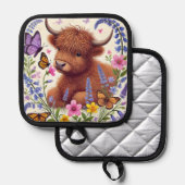 Highland Koe met bloemen en vlinders Pannenlap (Voorkant / Achterkant)