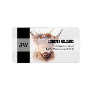 Highland Koe met Floral Crown Waterverf Illustra Etiket