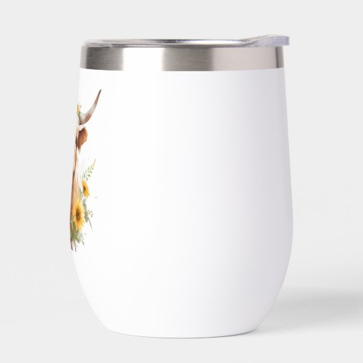 Highland Koe met gele zonnebloemkroon (Links)