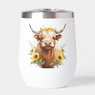 Highland Koe met gele zonnebloemkroon