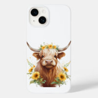 Highland Koe met gele zonnebloemkroon