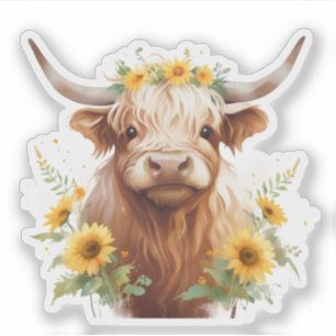 Highland Koe met gele zonnebloemkroon Sticker