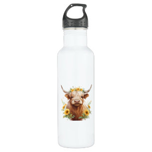 Highland Koe met gele zonnebloemkroon Waterfles