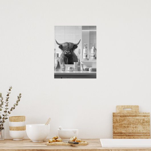 Highland Koe met Hair Styling Producten Badkamer Poster (Keuken)