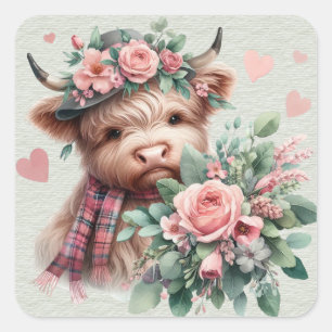 Highland Koe met Rozen Headress Boeket Valentijn Vierkante Sticker